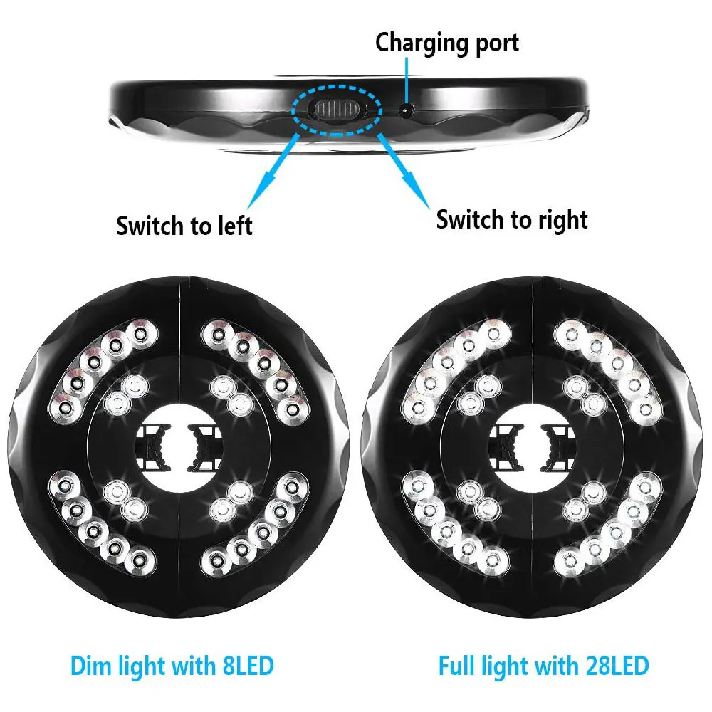 400LM Patio Umbrella Lights Rechargeable 28 LEDs 2 Level Dimming Switch Cordless Umbrella Pole Light for Camping Tents Balcony
