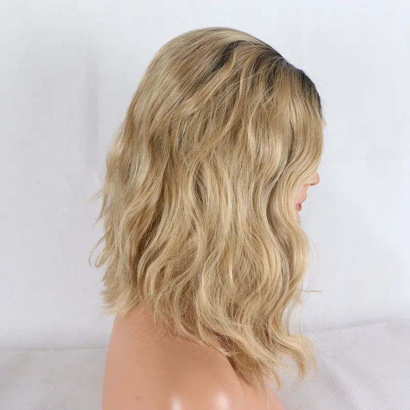 Темные корни Омбре блонд свободная волна Shrot Bob синтетические парики на кружеве термостойкие волокна волос средний пробор для женщин парики