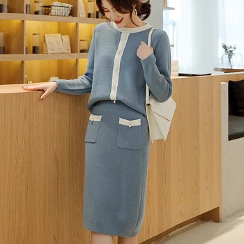 

knit set women skirt sweater fashion suit workwear long sleeves o-neck pullover 2 pockets knee length skirt high quality suitset