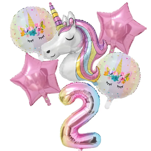 1Set Rainbow Unicorn Balloon 32 inch Number Foil Balloons 1st Kids Unicorn Theme Birthday Party Decorations Baby Shower Globos 6pcs number2 set