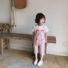 Штаны на подтяжках для малышей Лето г., стиль, корейский стиль, повседневные клетчатые штаны на подтяжках для мальчиков и девочек, штаны капри