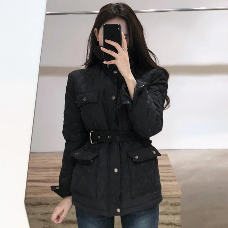SHENGPALAE Chic High Quality Grid Self-cultivation System Belt Design Jacket Cotton Short Fund Korean Loose Coat Woman FV427 - Цвет: black