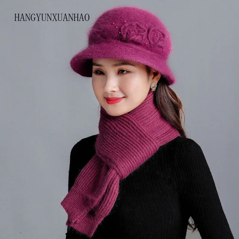 

New Winter Women Rabbit Fur Hat Warm Wool Scarf Set Knitted Plush Scarves 2pcs Crochet Bonnet Cap Mother Gifts Twist Wool Shawl