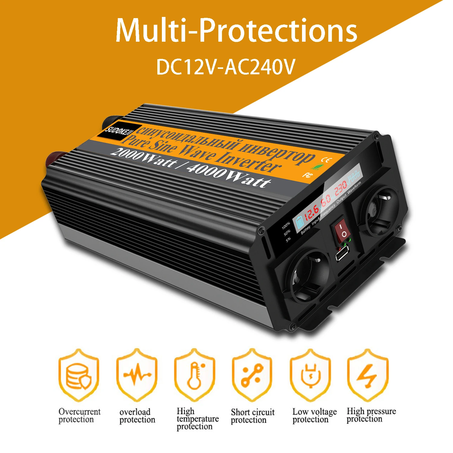 Инвертор 12V 24V 2000W 4000W Напряжение трансформатор Модифицированная синусоида Мощность инвертор DC12V для AC220V конвертер светодиодный Дисплей