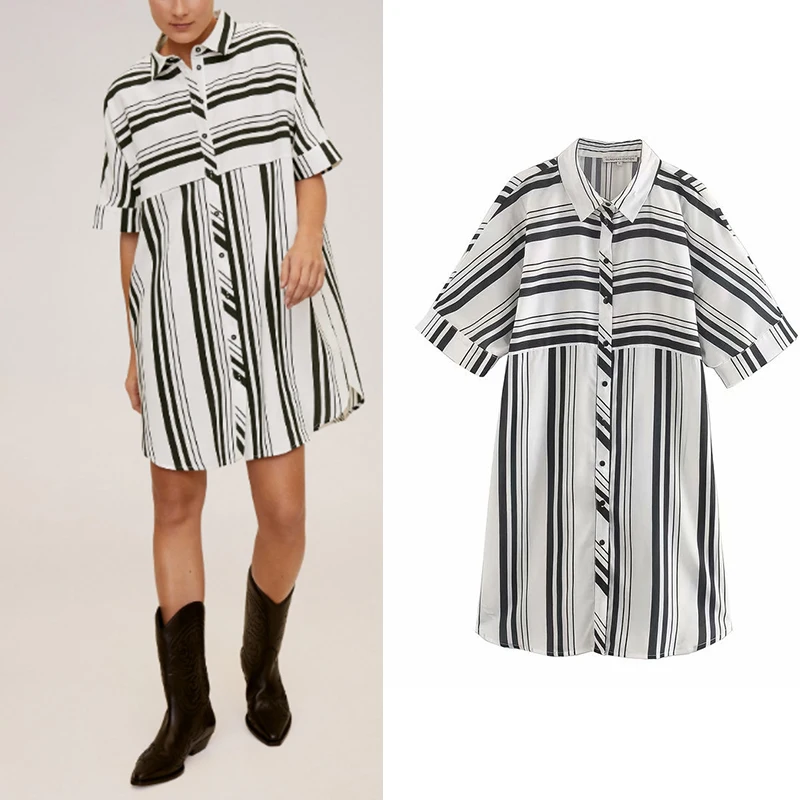 

Women dress za 2020 striped print single button shirt dress short sleeve casual mini dresses female fashion vestidos mujer