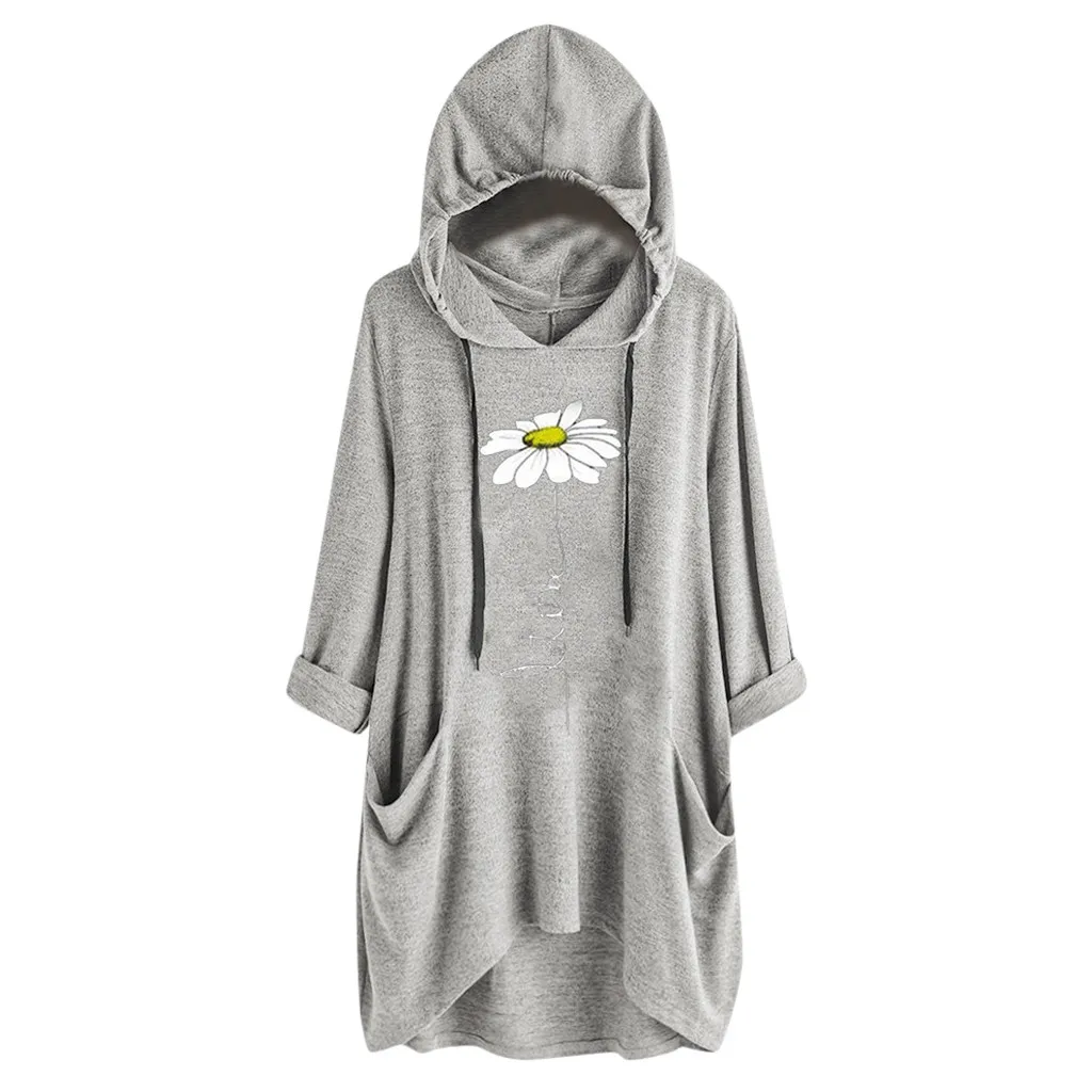 Color 1 Plus Size 5xl Women Casual Hoodies Print Hooded Long Sleeves Roll Up Sleeve Pockets Irregular Top Blouse Shirts Feminine#J30 - Color: Color 1
