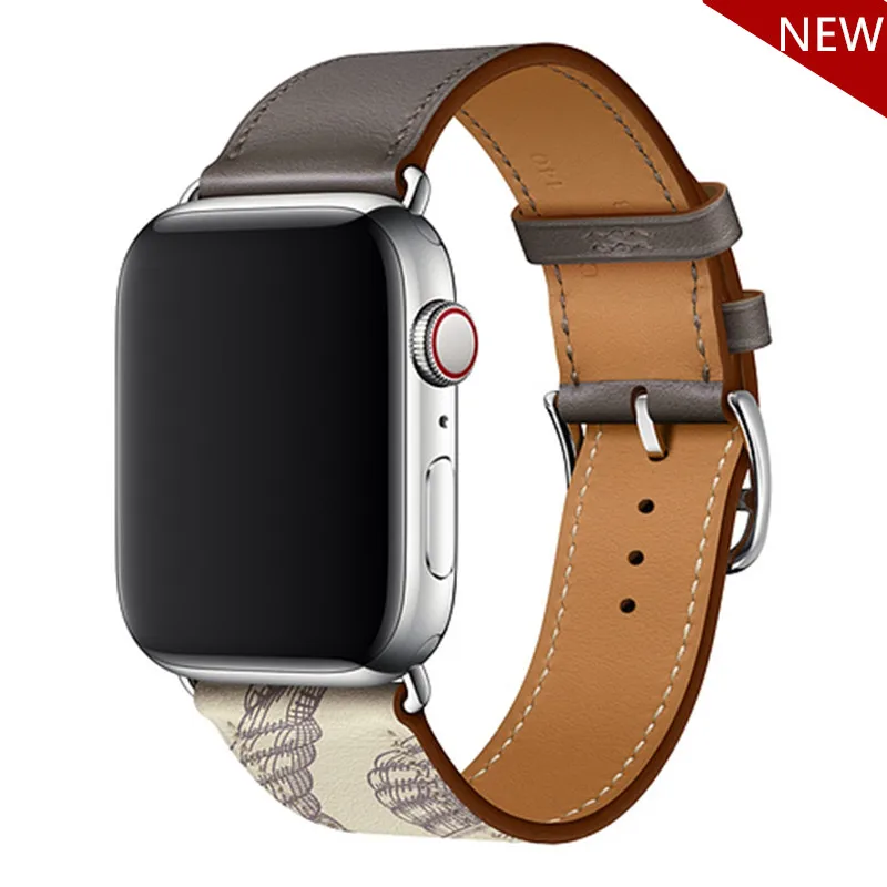 gray white Хохлатая один тур кожаный ремешок для наручных часов Apple Watch, версии 5 4 44 мм 40 мм браслет наручных часов iwatch серии 3/2/1, 42 мм, 38 мм, версия кабели зарядных устройств с поясом - Цвет ремешка: gray white