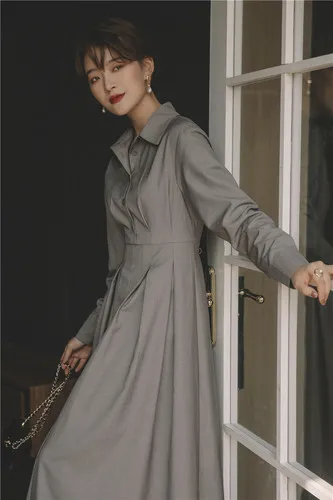 XITAO Grey Vintage Dress Women Elegant Long Sleeve Dresses Turn Down Collar Slim Was Thin Temperament Women Clothes DMY2296 - Цвет: gray   DMY2296