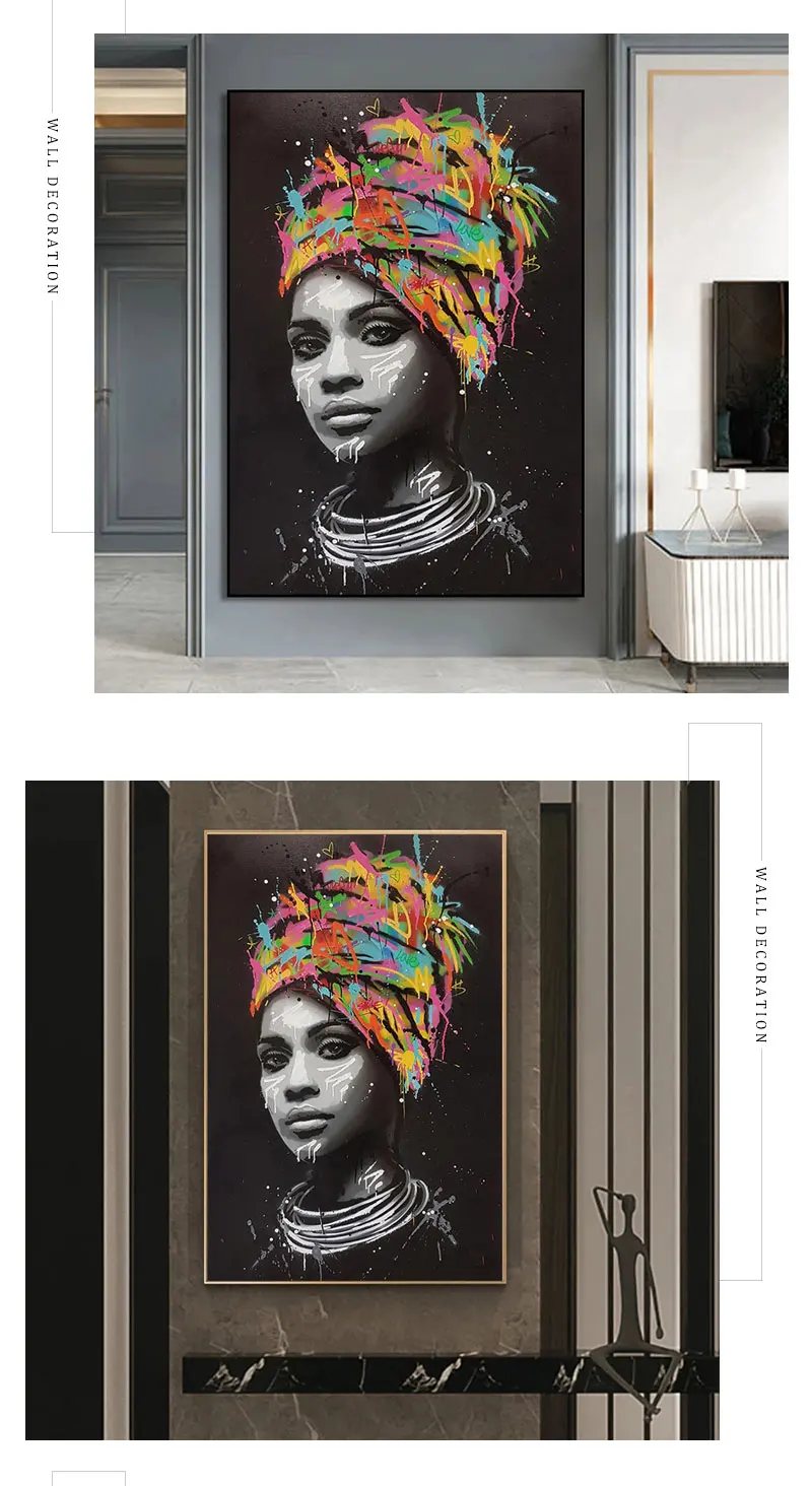 Abstract Black Colorful Graffiti African Woman Canvas Posters and Prints Custom Art Figure Picture Wall Painting for Living Room