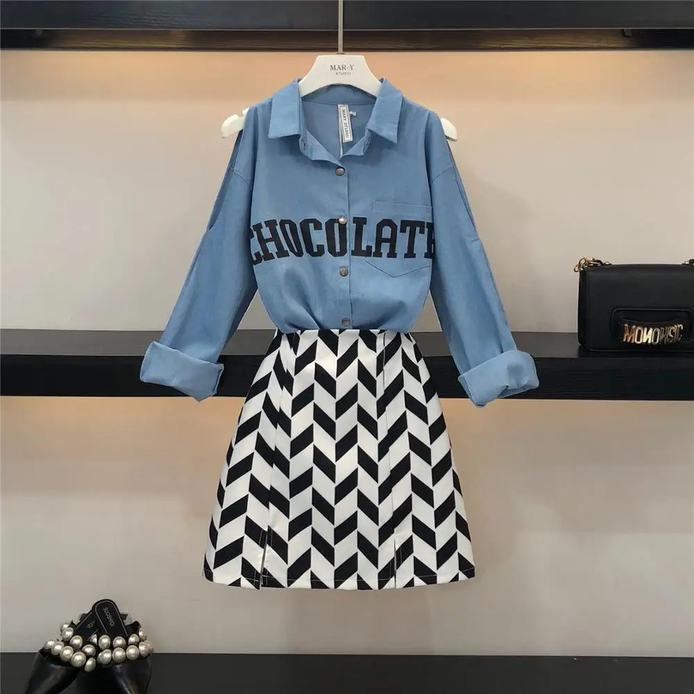 

Printed Off Shoulder Long Sleeve Single Breasted Irregular Denim Shirts+Water Ripple High Waist Skirts Women Casual Autumn Sets