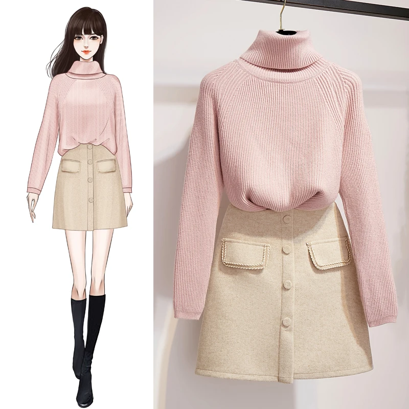 

New Winter Pure Color Knitted Turtleneck Tweed Cloth Skirts Two-Piece Suit Women Outfit Knitwear Top Warm Korean Fashion Set