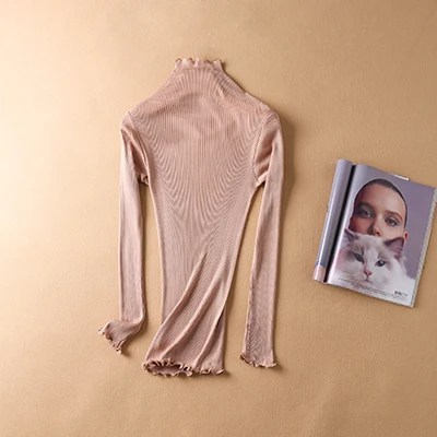 Sweater Women pullovers 80% Natural Silk 20% Cotton turtleneck Rib knits shirt long sleeved sweater Fall winter tops jumper - Цвет: Хаки