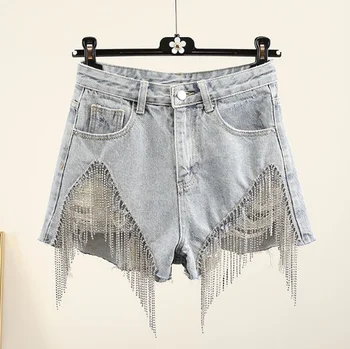 

New-Diamond Tassel Beaded Ripped Denim Shorts High Waist Loose-Fit A- Line Wide-Leg Denim Pants Girls Ladies Jean Shorts Short