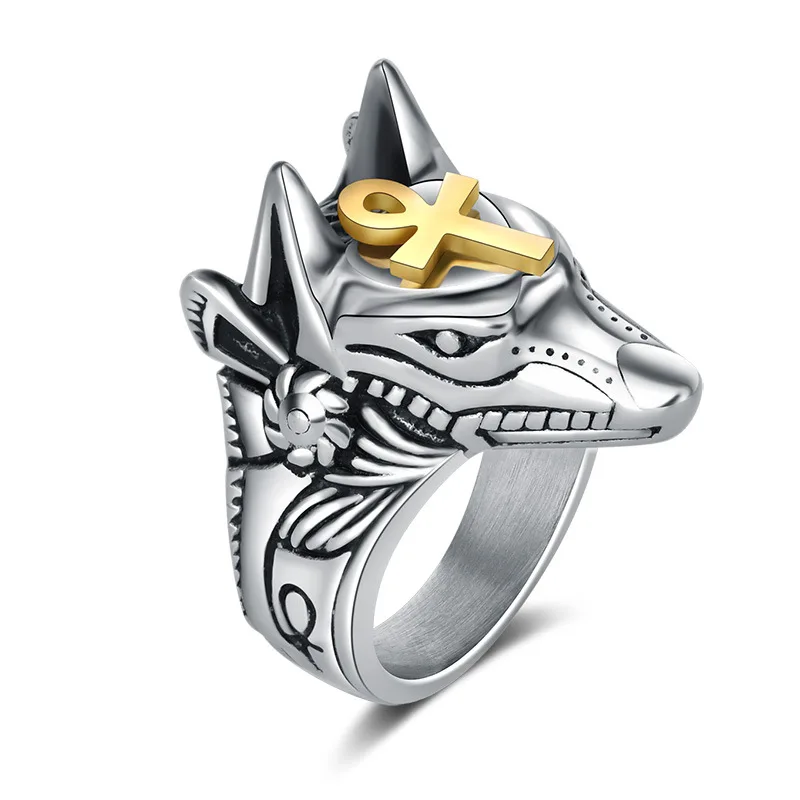 

Unisex Self Defense Ring Punk Anubis Egyptian Cross Beast Anti-wolf Finger Ring Titanium Steel Vintage Wolf Rings Party Favors