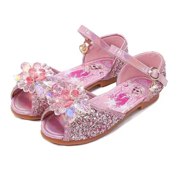 

New Princess Kids Sandals for Girls Casual Glitter Children Flat Heel Girls Shoes Blue Pink Silver Elsa party Sandals