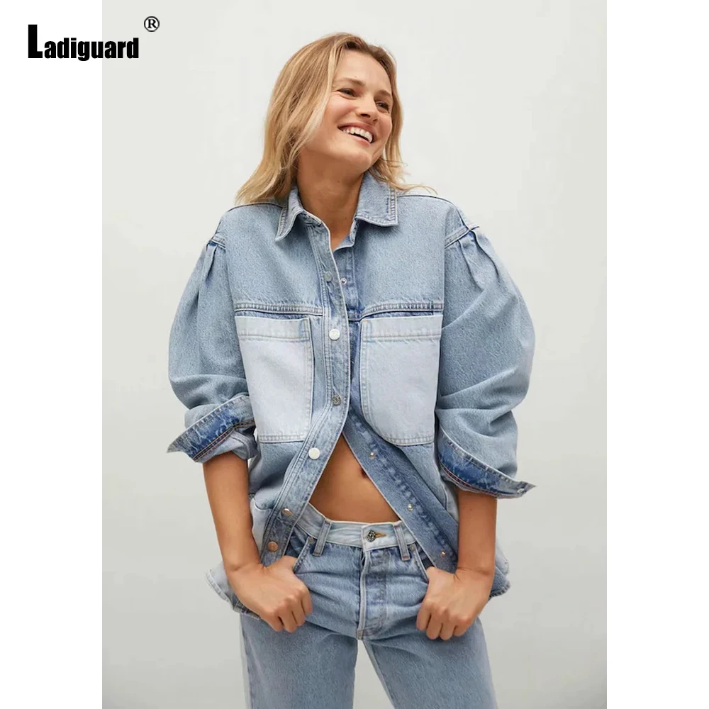 Ladiguard Women Huge Pocket Design Denim Jacket Girls Streetwear 2021 Single Breasted Top Jean Outerwear Women Patchwork Jackets