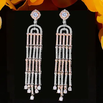 

New Charm Luxury Rosegold Shiny Long Tassel Dangle Earrings For Women Wedding Cubic Zirconia DUBAI Bridal Earring Jewelry 2020