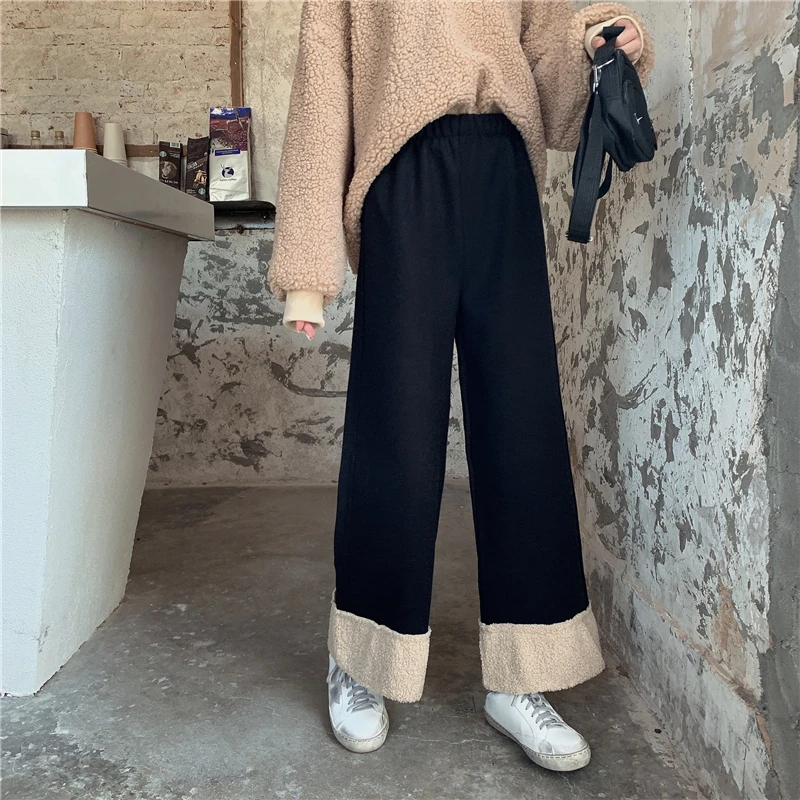 REALEFT Autumn Winter Woolen Warm Wide-legged Pants High Waist Loose Fashion Pants Korean Style Casual Long Trouser Ladies