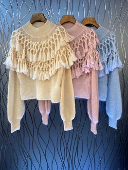 

2020 Early Autumn New Women's round Neck Irregular Tassels Mesh Stitching Knitted Decorative Solid Color Sweater 902