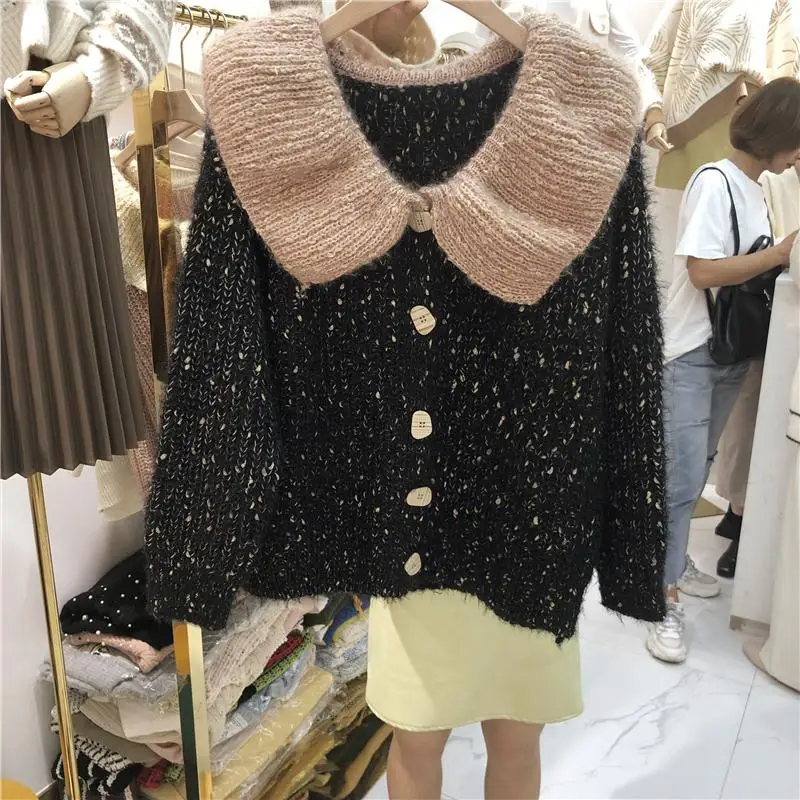 Корейский Ленивый Oaf женский кардиган с длинным рукавом Осень Зима Топы Kawaii Большой гофрированный воротник контрастный цвет вязаный кардиган свитер