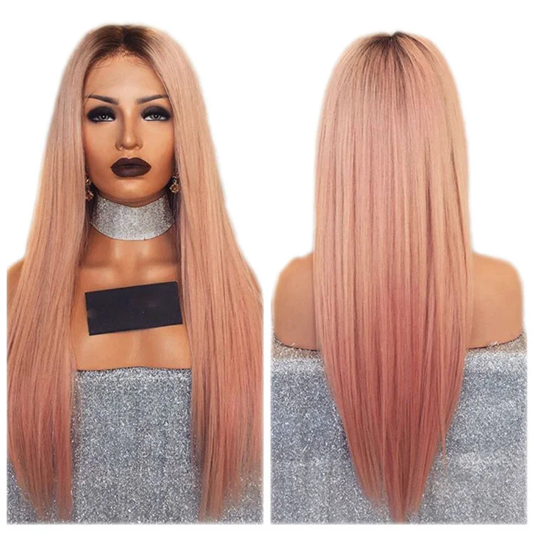 Fashion wig pink gradient medium split long straight hair chemical fiber head cover |