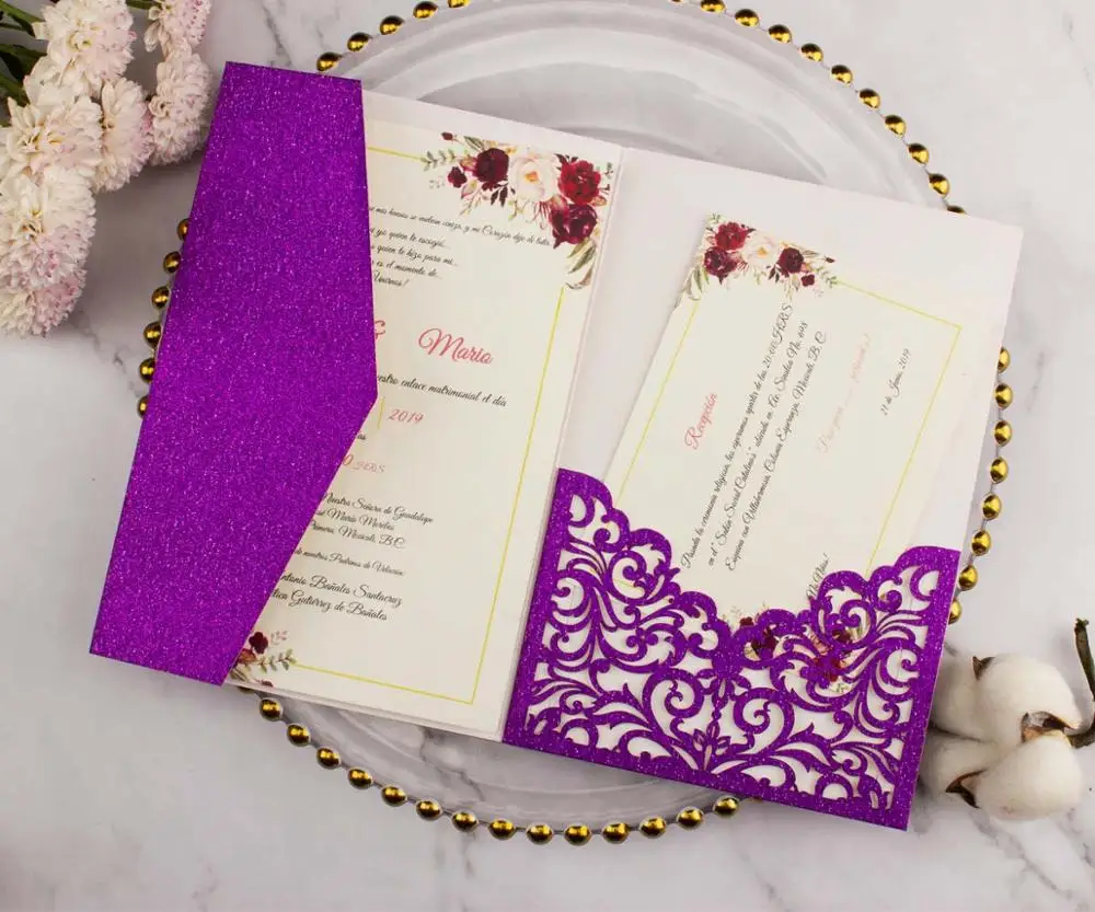 50X Роскошные блестящие золотые свадебные приглашения конверт персонализированные вставки Роза лазерная резка карман складной пригласите