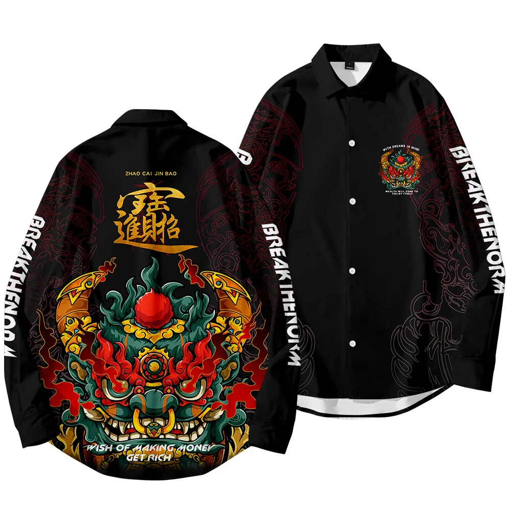 

Spring Autumn Vintage Black Print Shirt Men Shirt Long Sleeve Shirt Man Turn-down-collar Blouse Tops