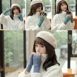 New Fashion Half-finger Gloves Female Winter Cute Fingerless Korean Winter Thickened Warm Woolen Half Student Writing Sleeve