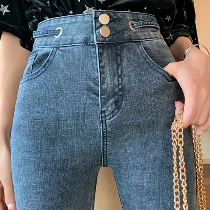 2 Button Blue Fl Джинсы с высокой талией на флисовой подкладке для женщин, зимние штаны с эффектом пуш-ап, эластичные вельветовые джинсовые штаны на осень, узкие ouc675 - Цвет: 2 Button Blue Fl