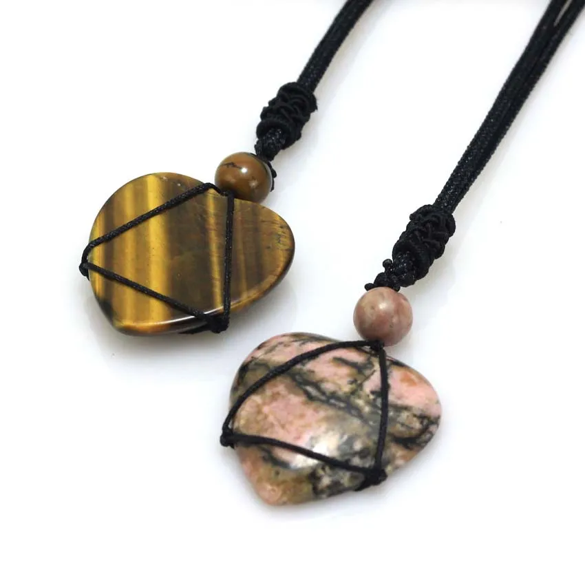 KFT Natural Rose Pink Quartz Crystal Amethysts Heart Shape Pendant Healing Crystal Quartz Reiki Rope Wrapped Stone Necklace - Image 4