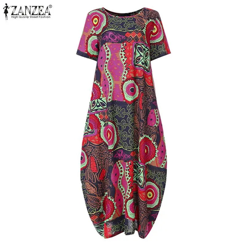 Плюс размер льняное летнее платье женское цветочный принт богемный Vestidos ZANZEA Длинное Макси платье Сарафан свободное нарядное платье халат Femme