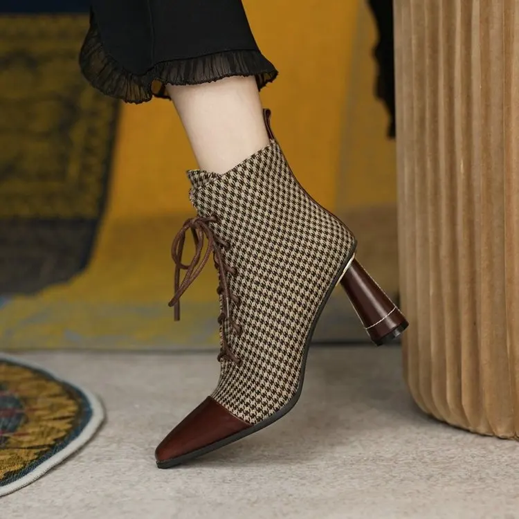 Fashion Women Boots Checkered Pointed Toe Zipper High Heel Ladies Ankle Boots Office Lady Lace-up Metal Decoration Female Shoes