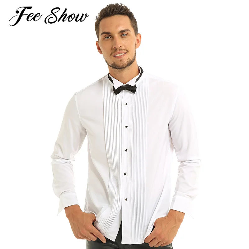 Модная мужская белая рубашка с длинными рукавами Chemise Homme приталенная однотонная Повседневная рубашка смокинг рубашки с галстуком-бабочкой