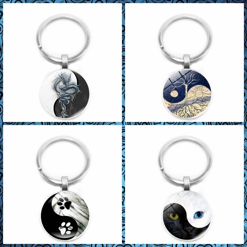 

2019 New Yin and Yang Black and White Cat Claw Key Ring Life Tree Keychain 25mm Glass Convex Round Key Ring Gift Jewelry