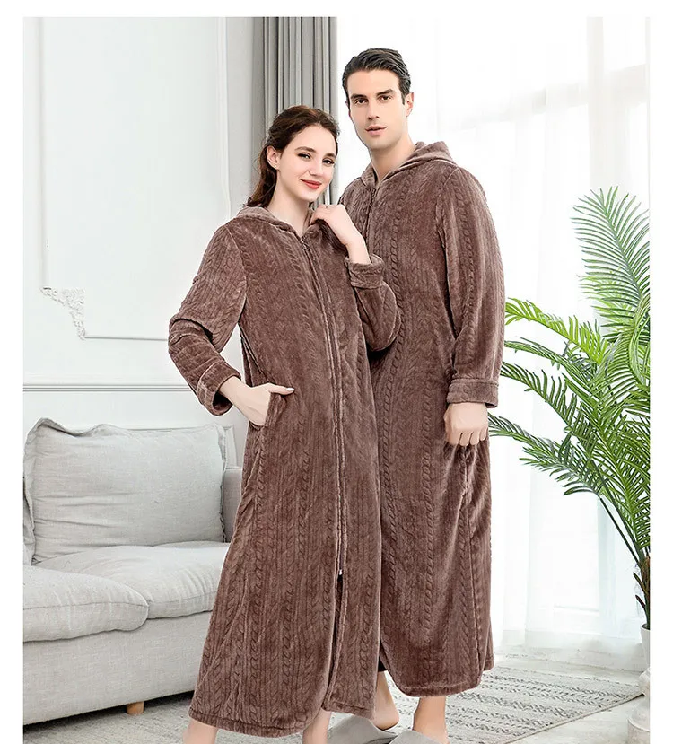 Удлиненные плюс Размеры на зиму, теплые, фланелевые банные халаты Для женщин Для мужчин с капюшоном и застежкой-молнией банный халат пара утолщаются теплый халат платье одежда для сна