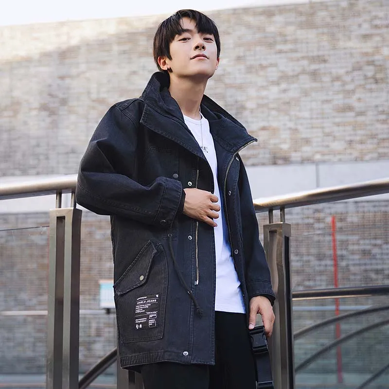 Men Casual Cargo Denim Jackets Hooded Loose 2019 Fashion Long Jeans Jackets For Male Front Pockets (5)
