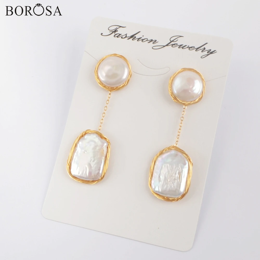 BOROSA 3 пары Двойные серьги с натуральным жемчугом Золотые модные длинные