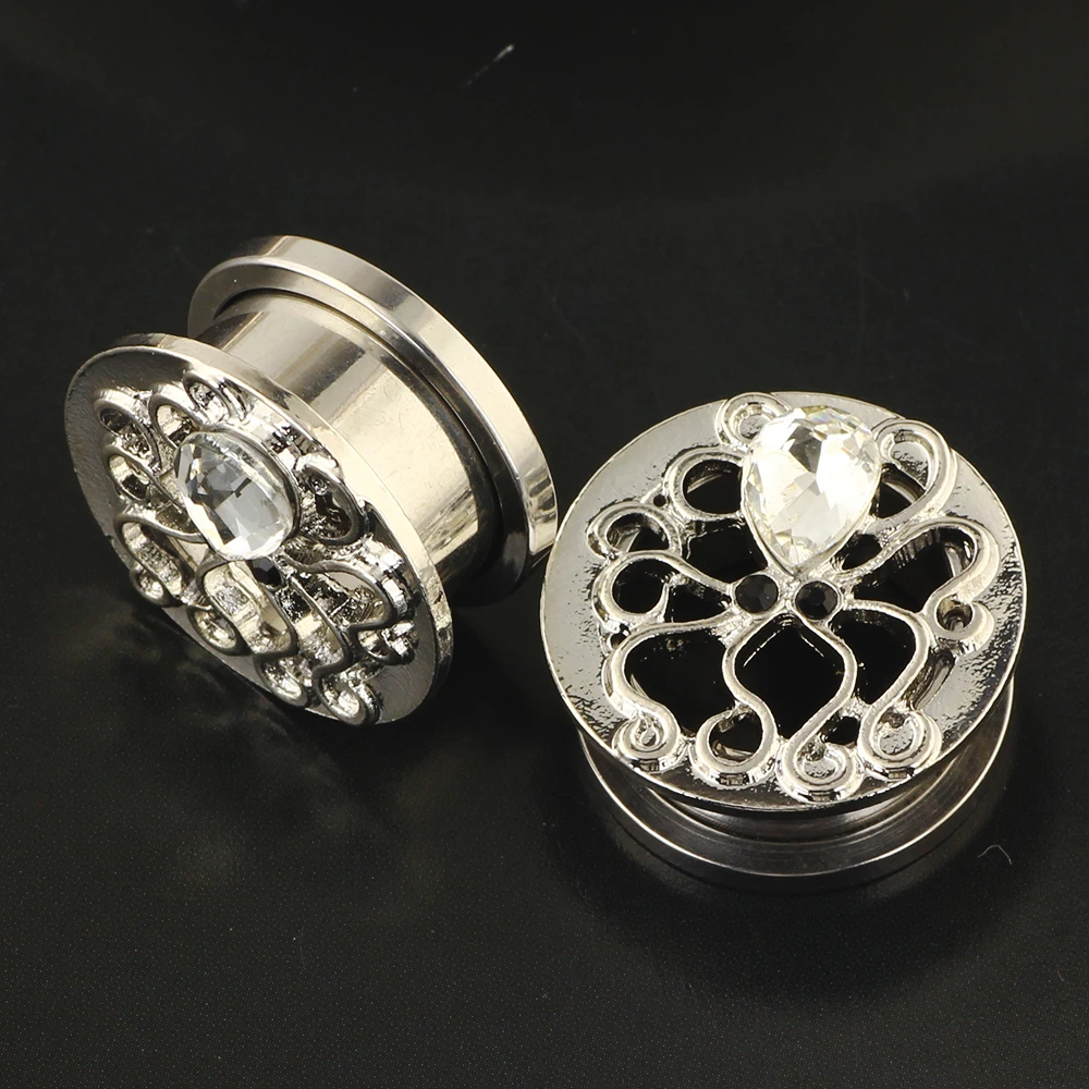 JunlowPY Surgical Steel Double Flared Screw Tunnel Rose Anodized Saddle Stretcher Ear Plugs Single Crystal Earring Piercing