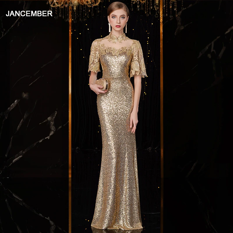 

J1825 jancember evening dress plus size high neck half sleeve sequin vestidos de graduaction largos 2019 in Prom Dresses плая