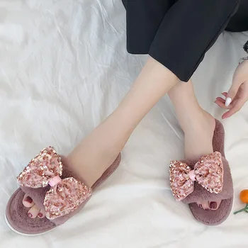 

Bow Women's Fashion Large Size Add Wool Warm Flat Heels Bowknot Slipper Shoes Women's Slippers Non-slip Flat Soft shoes Sandal