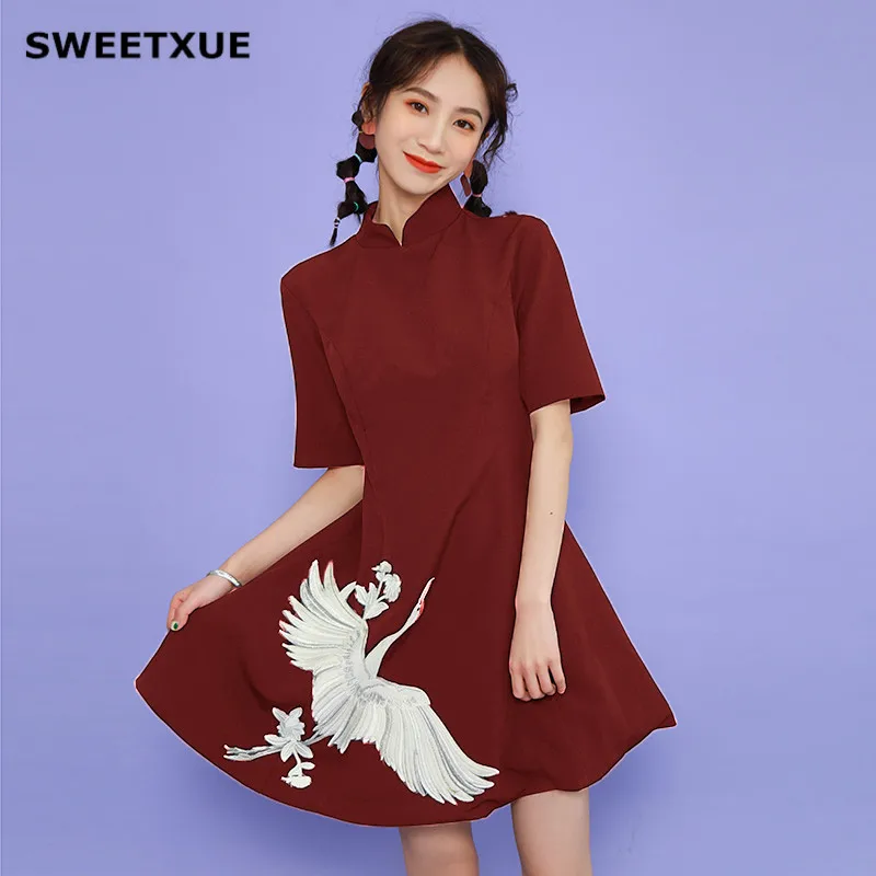 

SWEETXUE Summer Chinese Style Embroidered A-Line Cheongsam Dress Casual Loose Short Sleeves Chinese Style Modern Qipao Dresses
