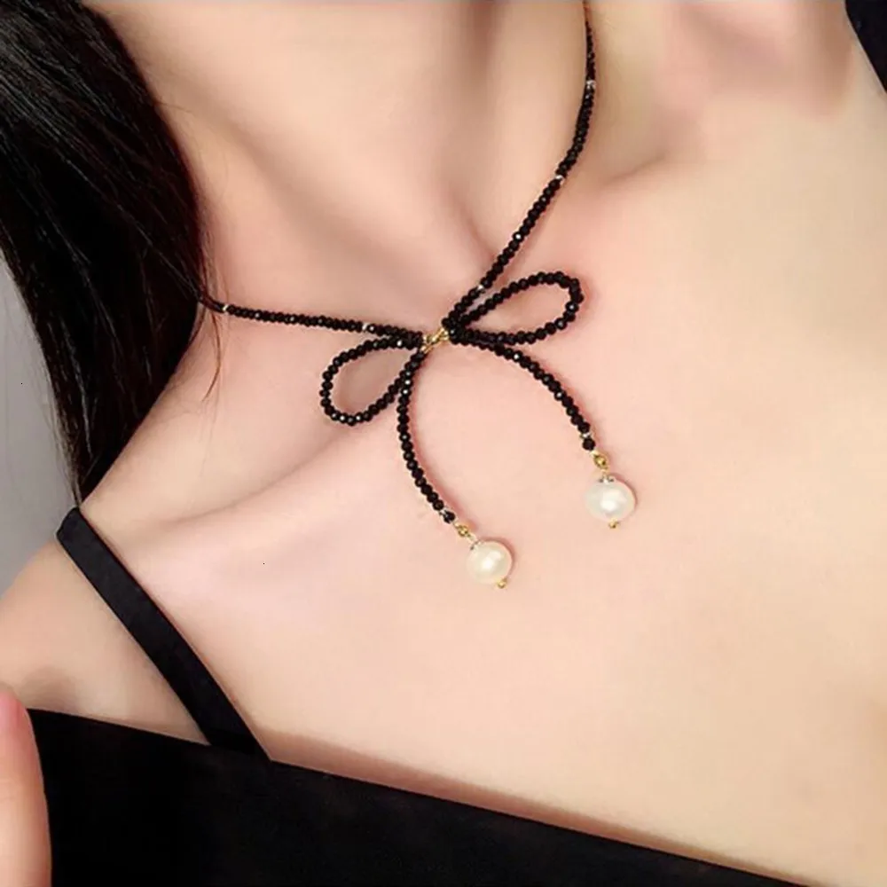 Модные ожерелья и кулоны для женщин Collier Femme, Винтажное колье с бантом и черным бисером для женщин, Жемчужное ювелирное изделие, подарок