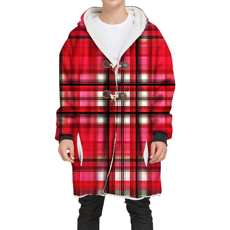 YOUTHUP New Winter Mens Long Velvet Hoodies 3D Different Plaid Printing Hooded Pullovers Thick Hoodies Streetwear