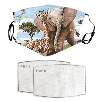 

1PC Unisex Maske Giraffe elephant Animal Print Face Mask Protect Foggy Haze Anti-Spitting Protective Face Mask+2PC Filter masque