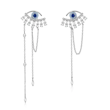 

Blue Luckey Eyes Long Tassel Drop Earrings for Women 925 Sterling Silver Statement Engagement Jewelry Female BSE334