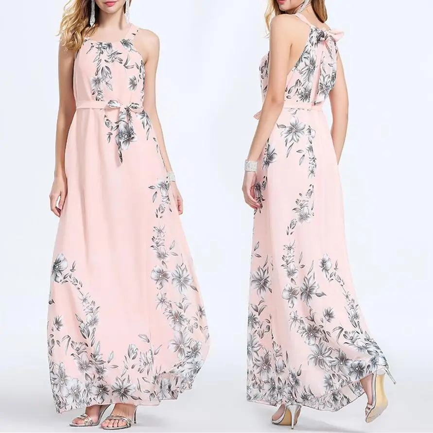 

2020 Sexy Women Chiffon Long Dress Floral Print Round Neck Sleeveless Party Dresses Boho Maxi Dress green Summer Beach Sundress