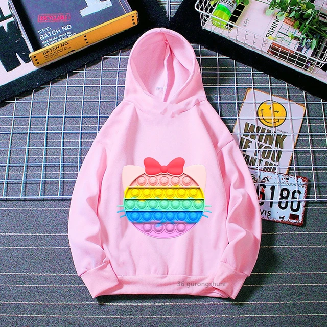 Rainbow Cat Bow Car Popit Print Pink Hoodies Girls/Boys Kawaii Kids Clothes Harajuku Fidget Toys Sweatshirt Winter/Spring Coat H581P