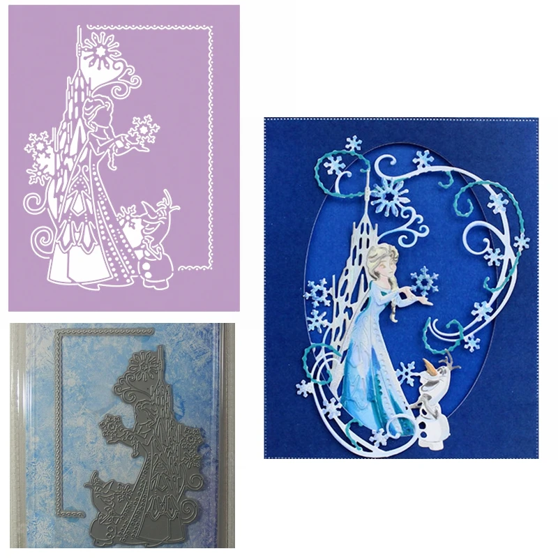 

Metal Cutting Dies Beauty Princess Holding Snowflake Cute Snowman Castle Flower Pattern Square Frame For DIY 2019 New Dies