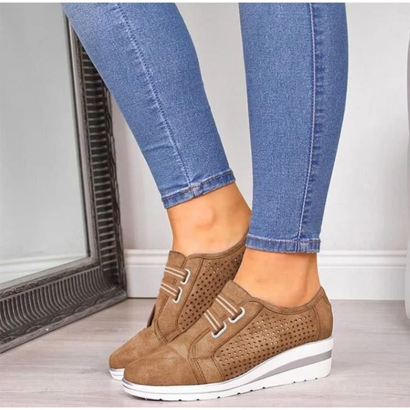 TINO KINO Autumn Women Hollow Out Wedge Vulcanized Ladies Lace Up Platform Casual Sneakers Female Fashion Shoes Plus Size