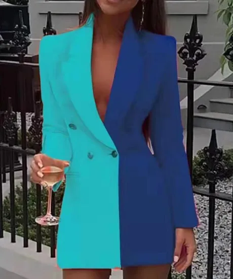 Long Sleeve Blazer Dress Contrast Stitching Large Professional V Neck Crepe Tuxedo Girl Fashion Gown Party Wear